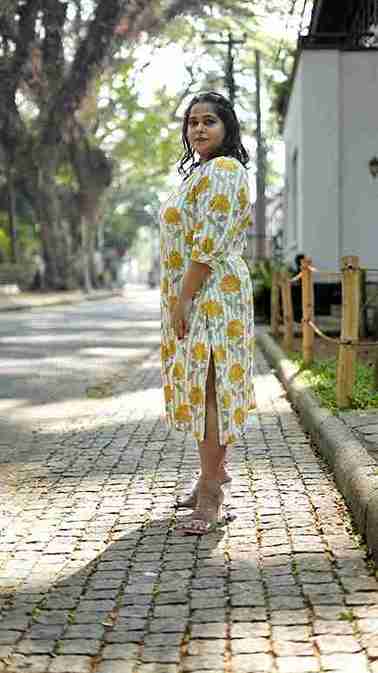 Floral Print Khadi Midi Dress with Side Slits
