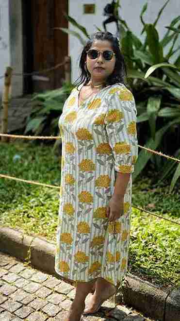 Floral Print Khadi Midi Dress with Side Slits