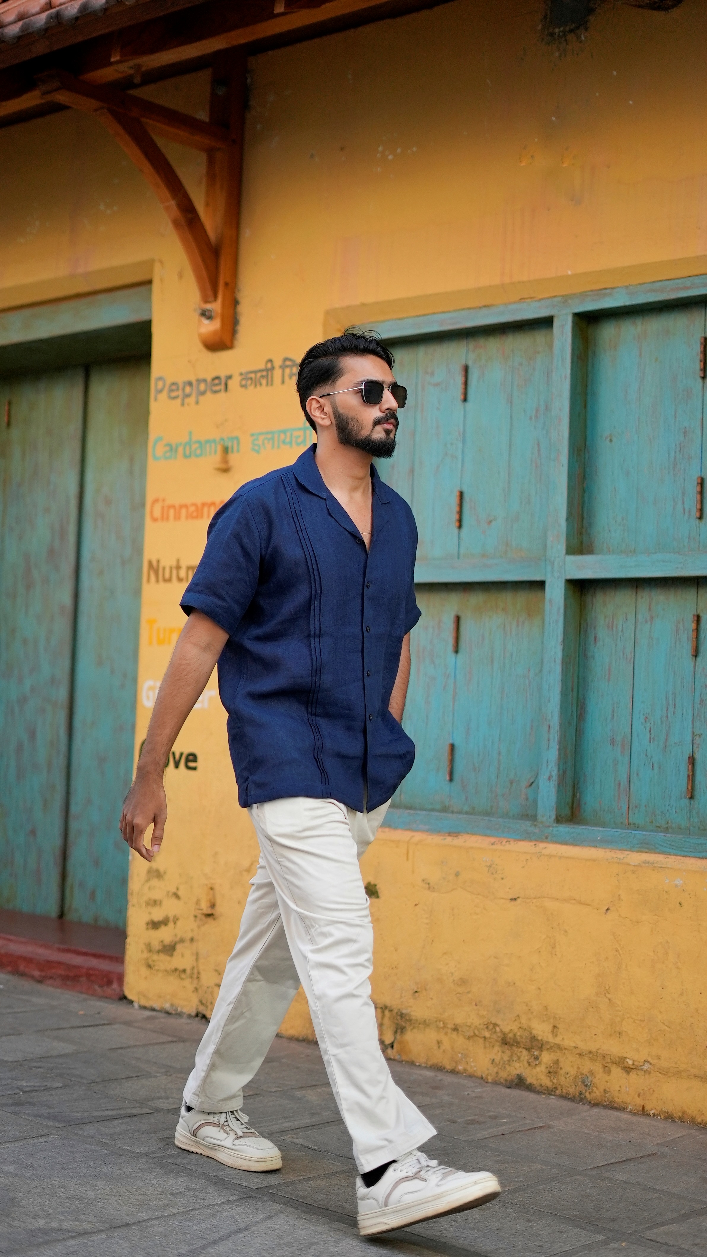 Navy Blue Pin Tuck Linen Resort Shirt