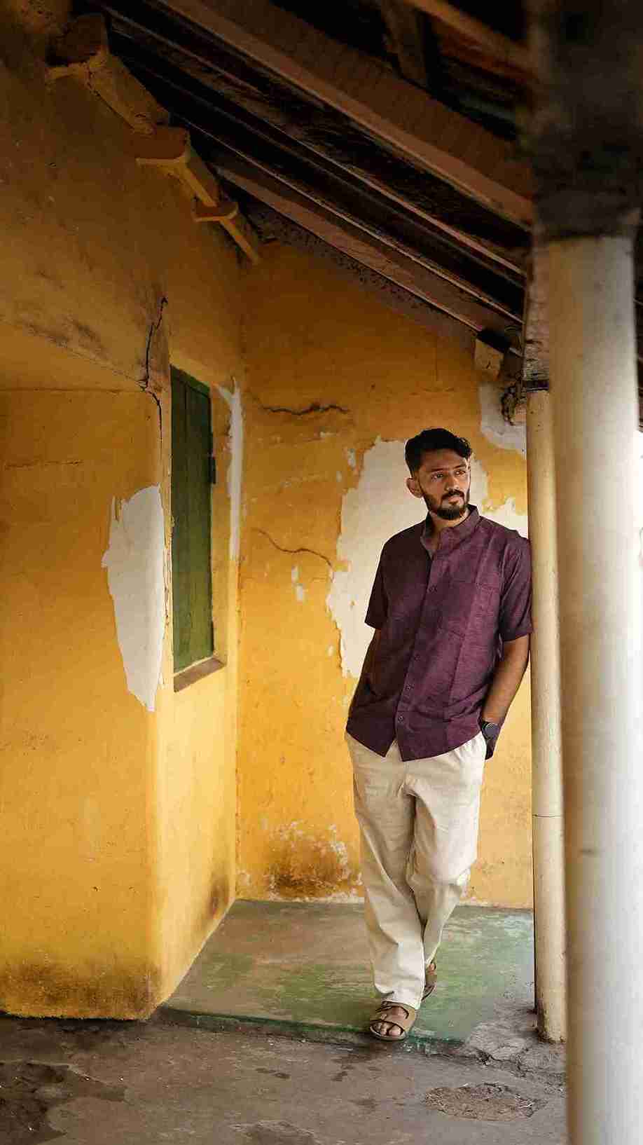 Maroon Mandarin Collar Khadi Shirt