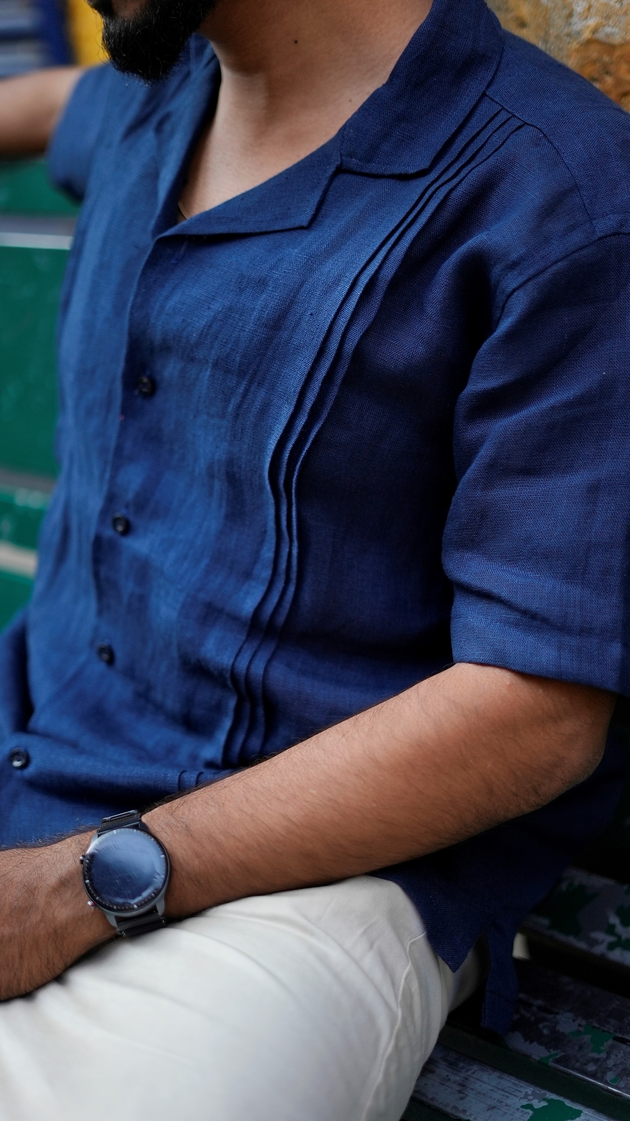 Navy Blue Pin Tuck Linen Resort Shirt