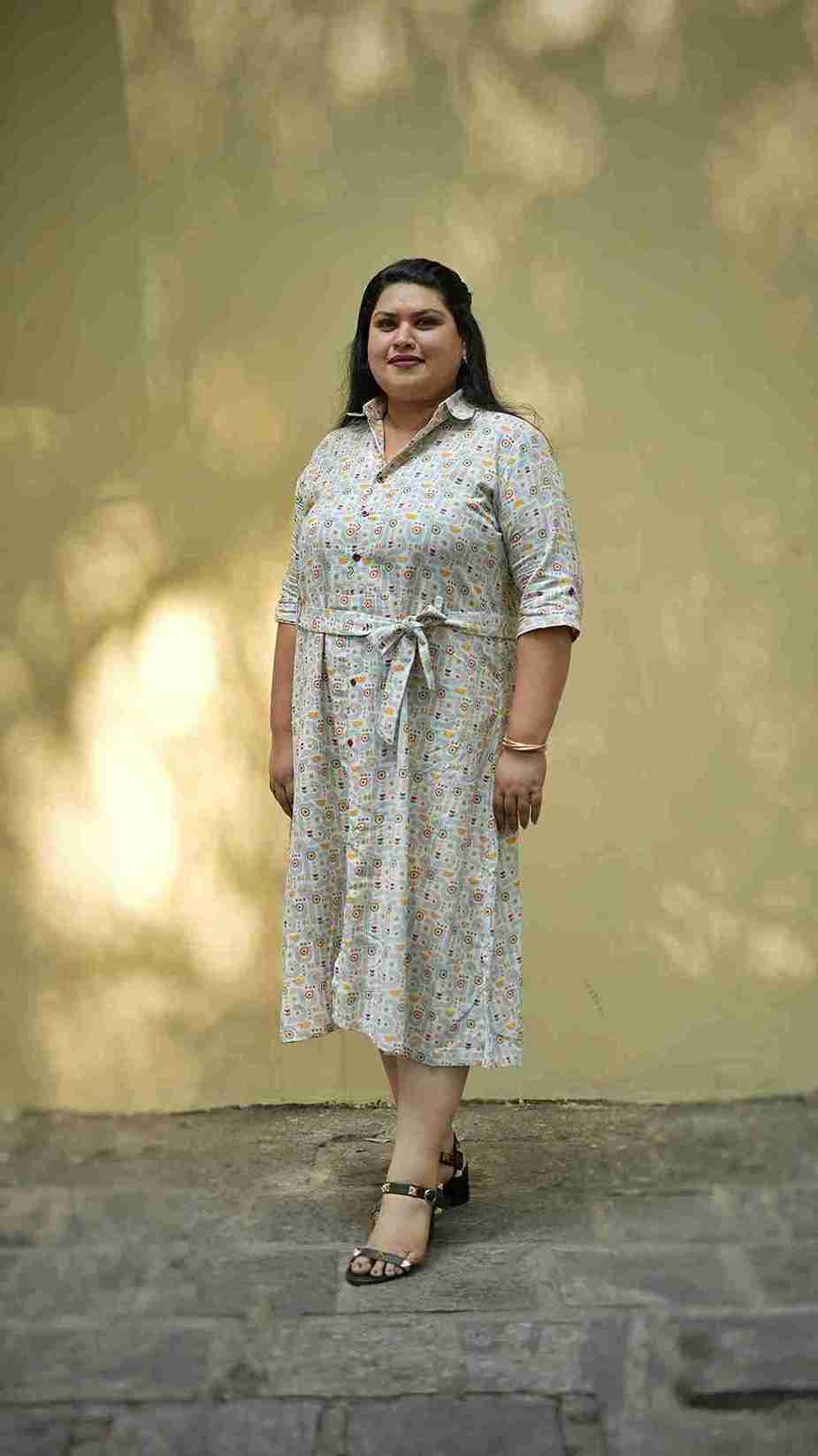 White Printed Belted Khadi Shirt Dress