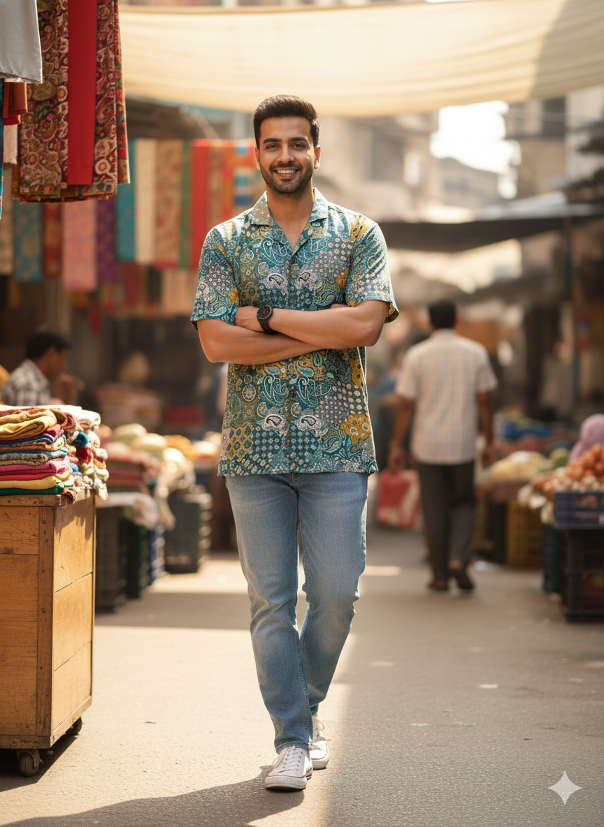 Teal Mosaic Open-Collar Shirt