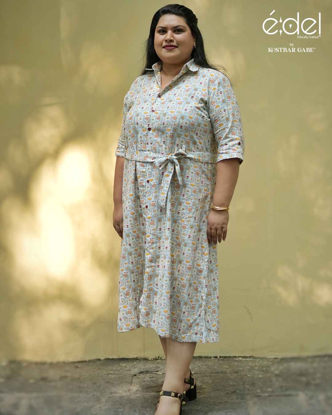 White Printed Belted Khadi Shirt Dress