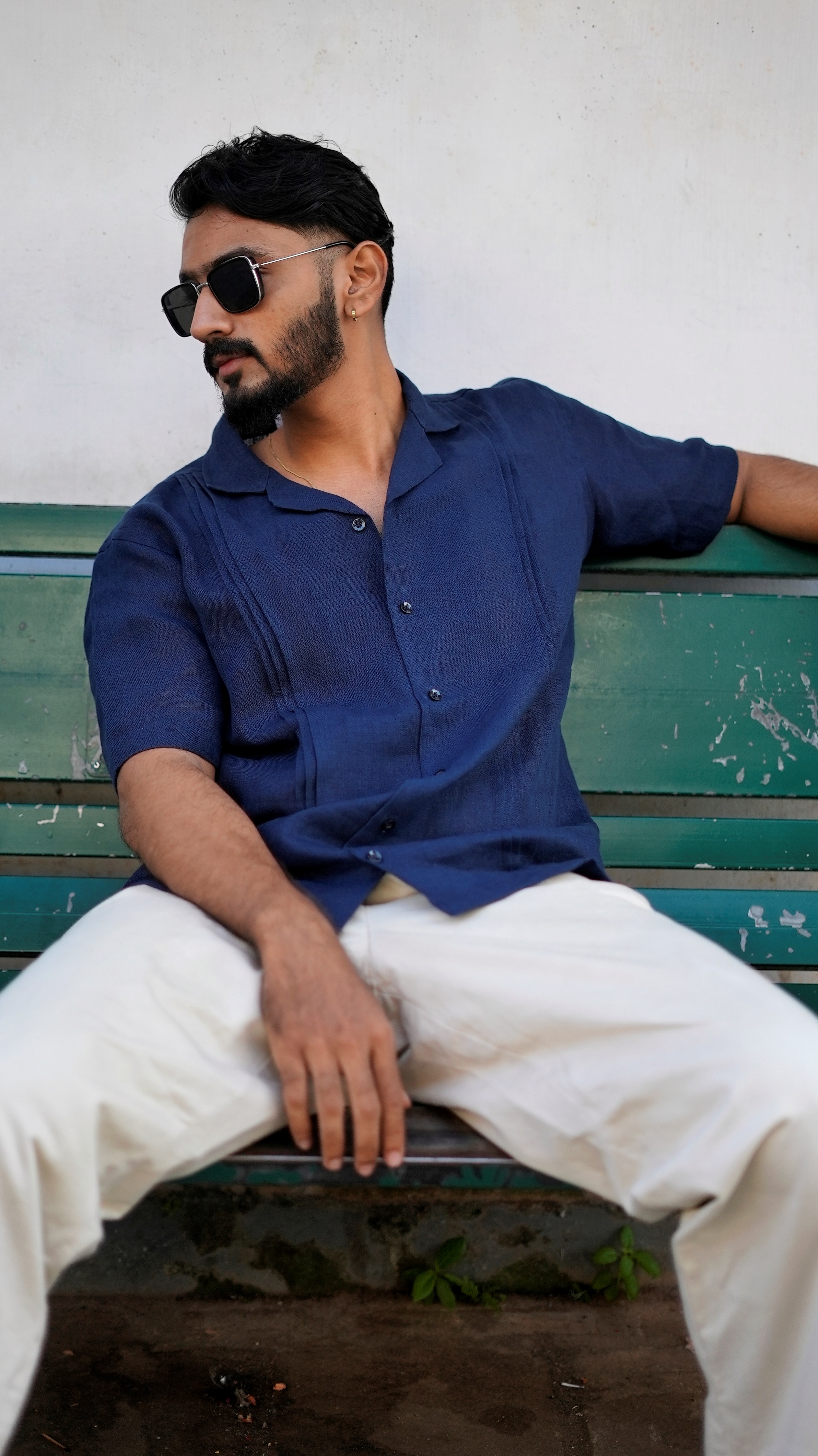 Navy Blue Pin Tuck Linen Resort Shirt