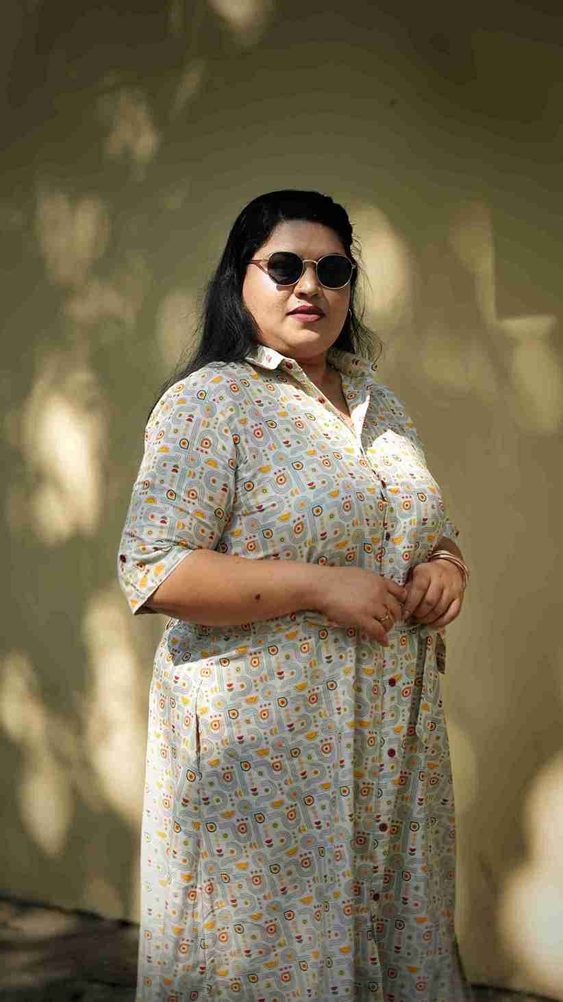 White Printed Belted Khadi Shirt Dress