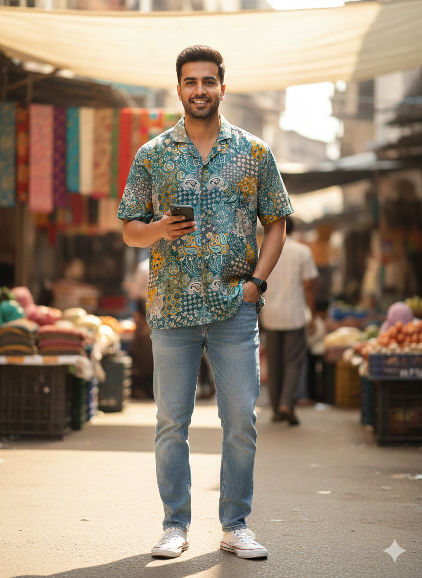 Teal Mosaic Open-Collar Shirt